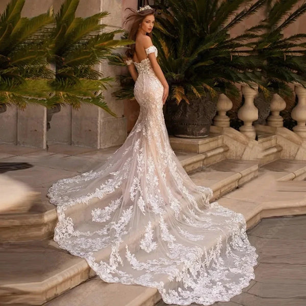 Elegant Off Shoulder Mermaid Wedding Dress with Floral Lace and V-Neck Tulle Design